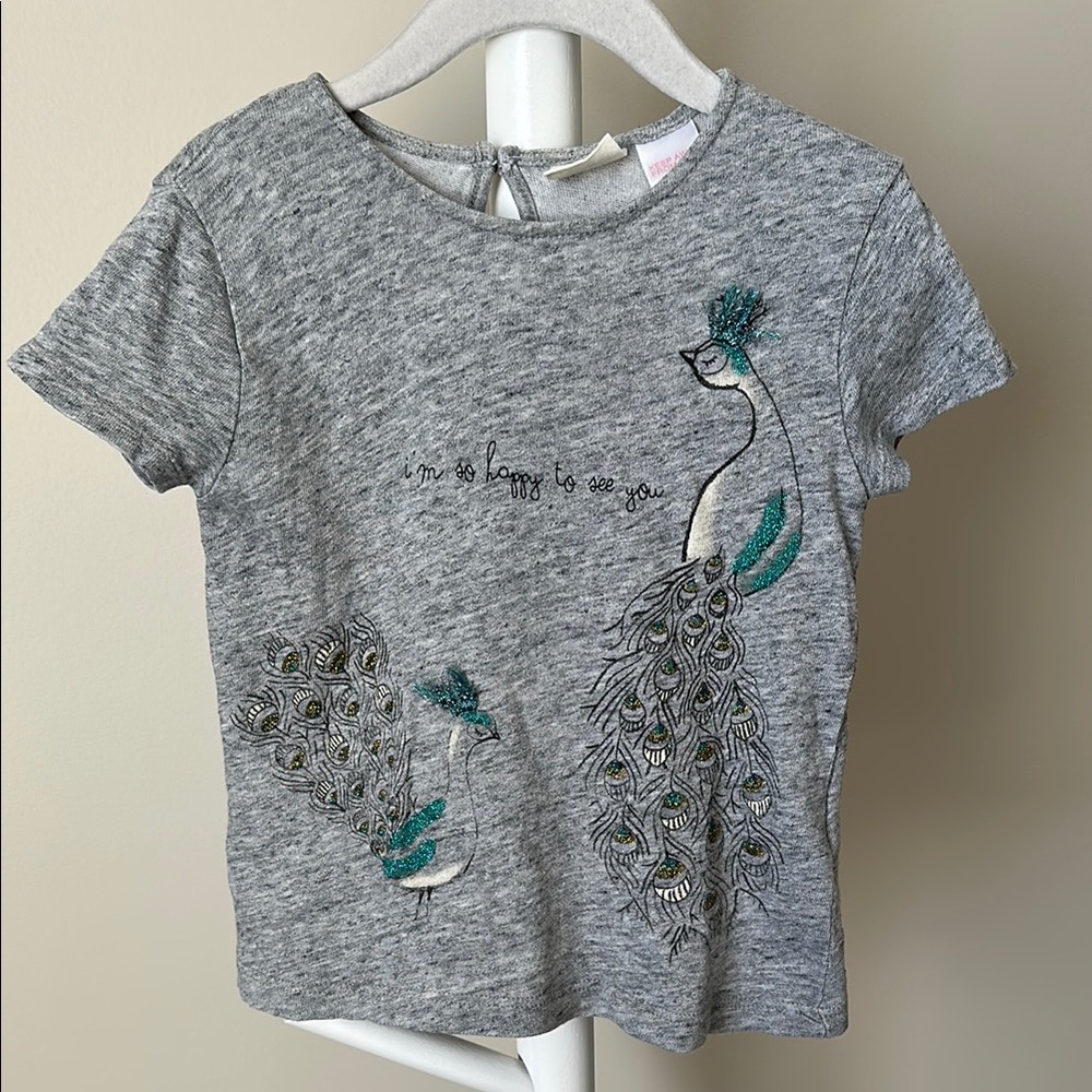 Zara Short Sleeve T-Shirt with Peacock Design 2/3 Years